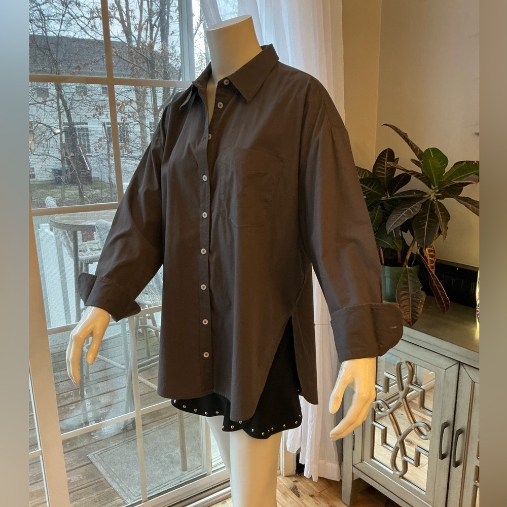 Anthropologie Maeve Womans Button Down Relaxed Lagenlook Shirt Mocha Size Medium